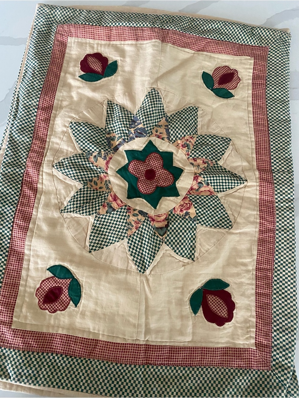 Source Unknown Cream, Green, Red Patchwork Decorative Pillow Cover